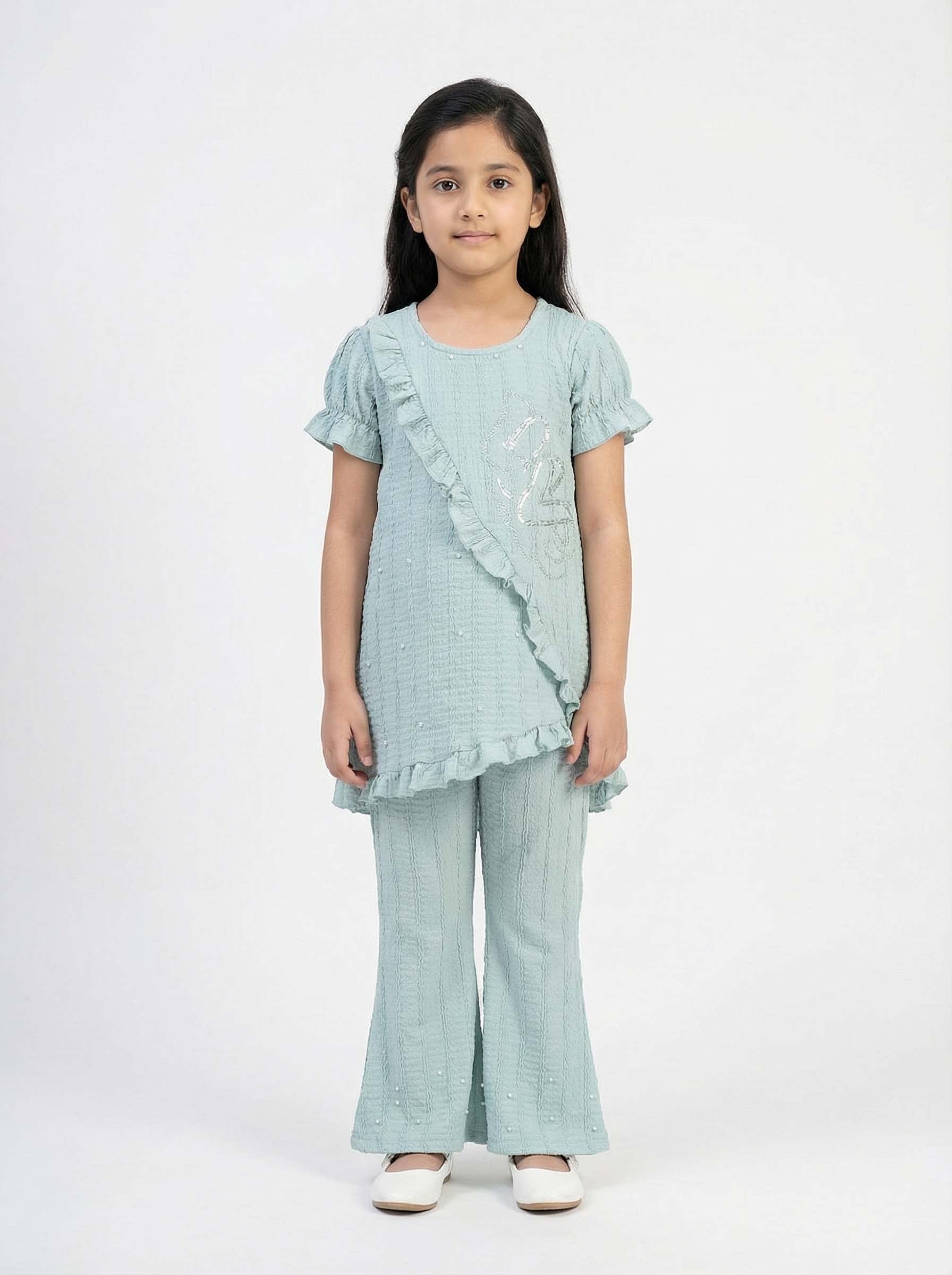 Girls Ruffle Tunic & Leggings Set | 2 Piece Outfit, Mint & Pastel Yellow