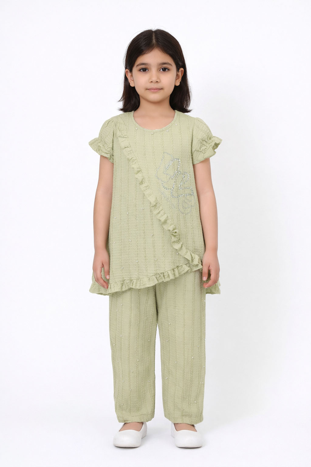 Girls Ruffle Tunic & Leggings Set | 2 Piece Outfit, Mint & Pastel Yellow