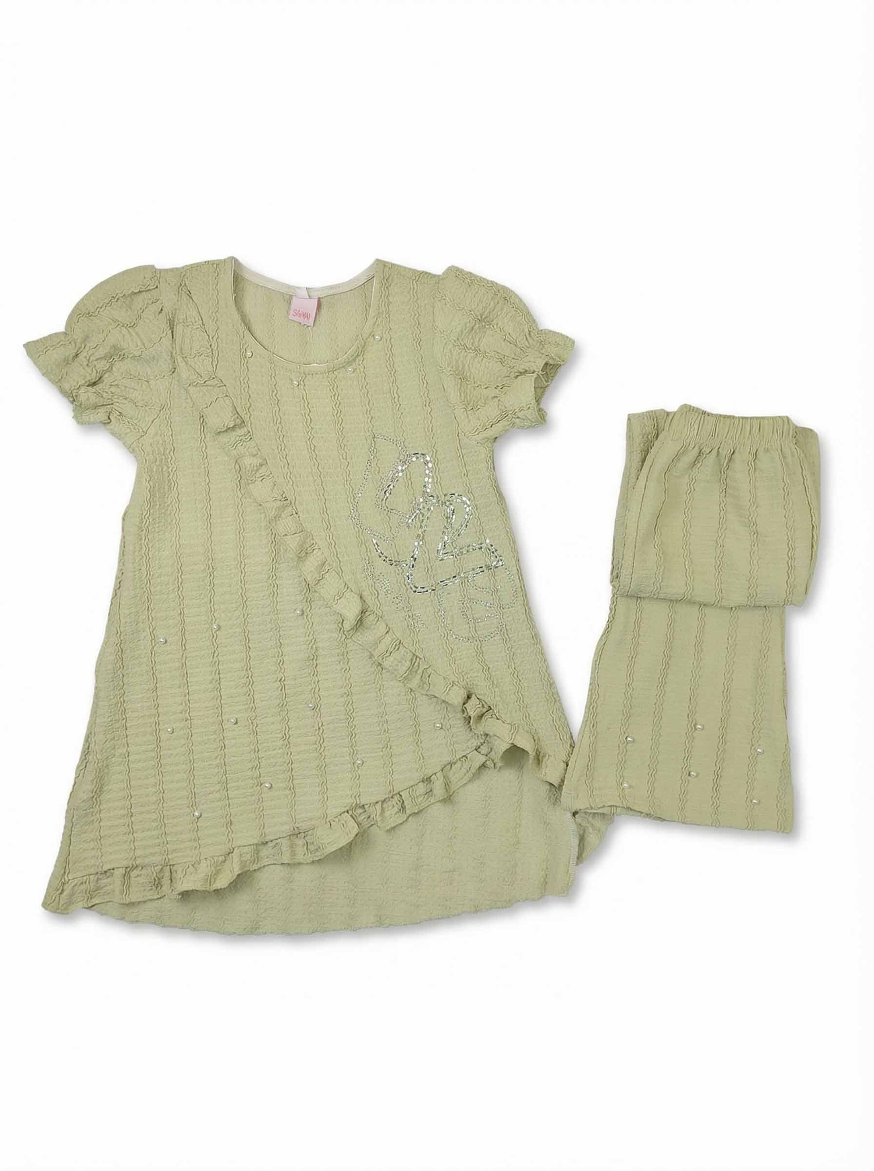 Girls Ruffle Tunic & Leggings Set | 2 Piece Outfit, Mint & Pastel Yellow