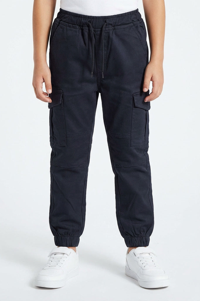 Black Cargo Jogger Pants | Elastic Waist Drawstring Utility Trousers