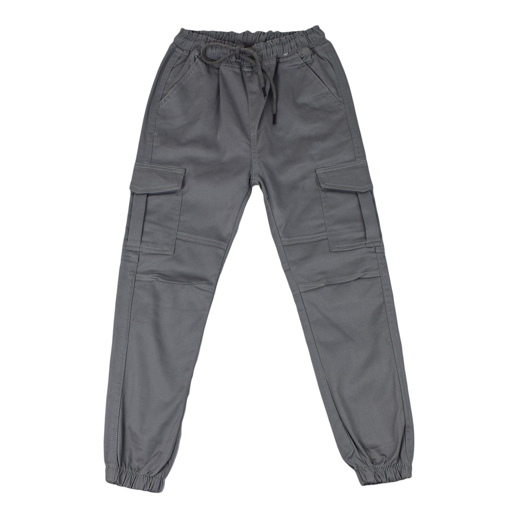 Kids Grey Cargo Jogger Pants | Drawstring Elastic Waist Utility Trousers