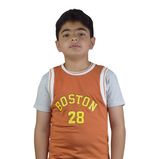 Boys Orange Boston 28 T-Shirt – Soft Cotton Sports Graphic Tee