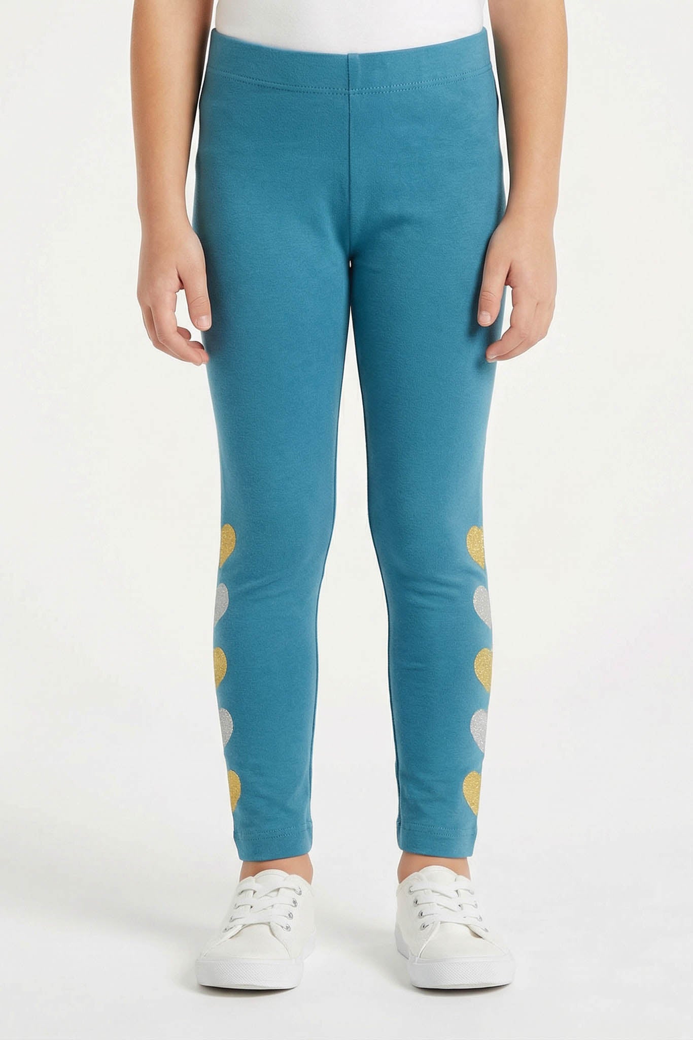 Girls Sea Blue Leggings with Glitter Heart Print | Soft Stretch Cotton Tights