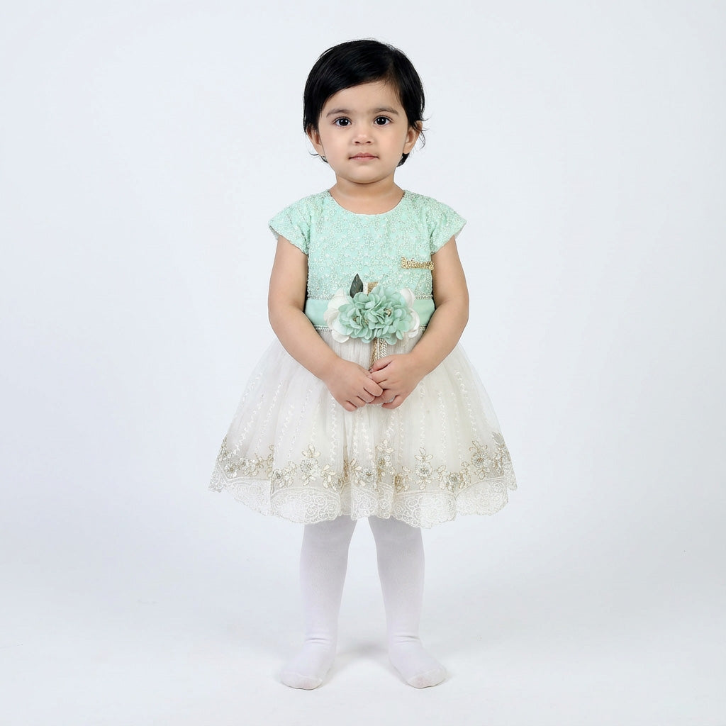 Girls Sea Green & White Net Frock with Chest Belt Flower