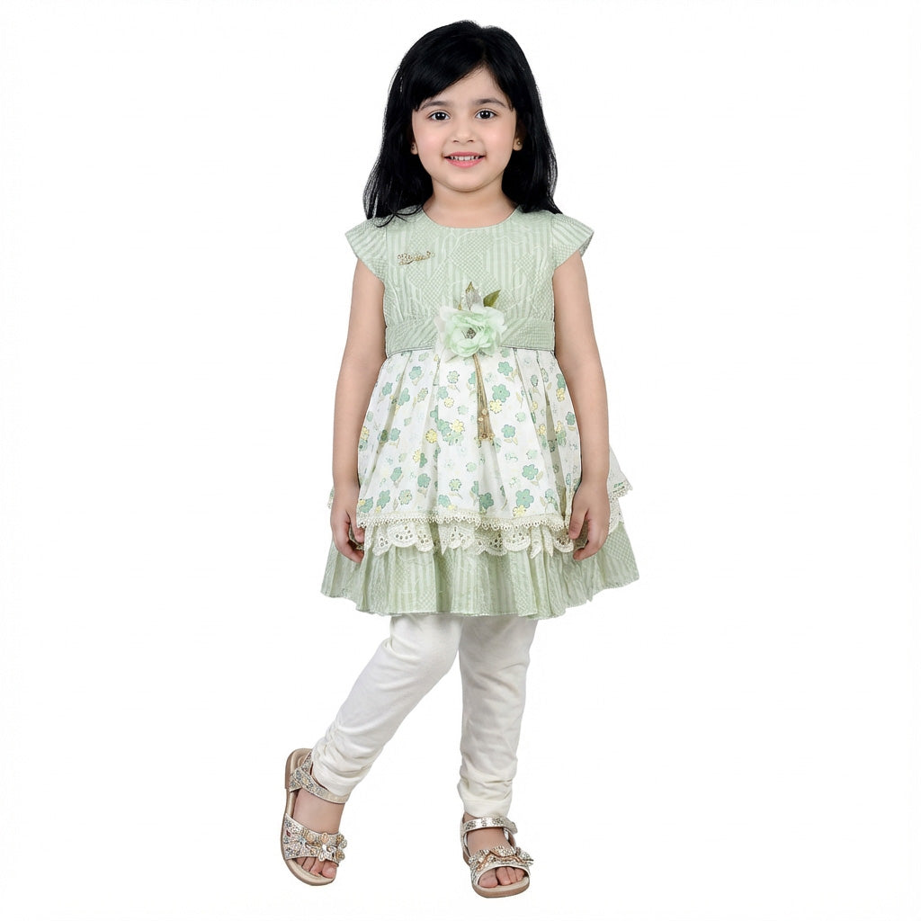Girls Pista Green & White Frock with White Pajama