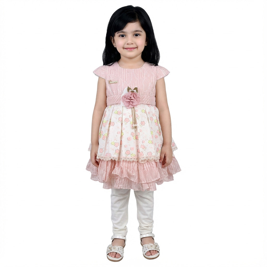 Girls Pista Green & White Frock with White Pajama