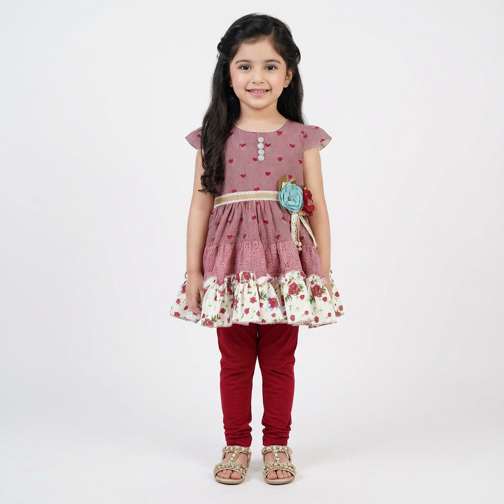 Maroon Floral Frock with Red Pajama