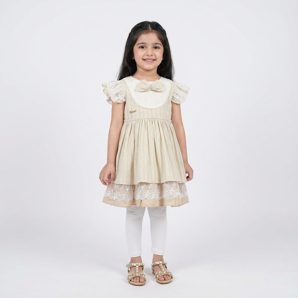 Cotton Frock for Girls with White Pajama & Bow Neck