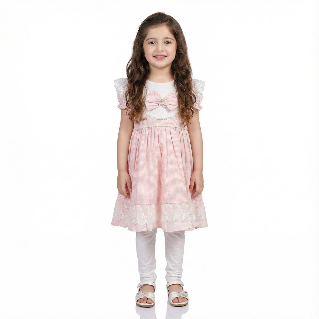 Cotton Frock for Girls with White Pajama & Bow Neck