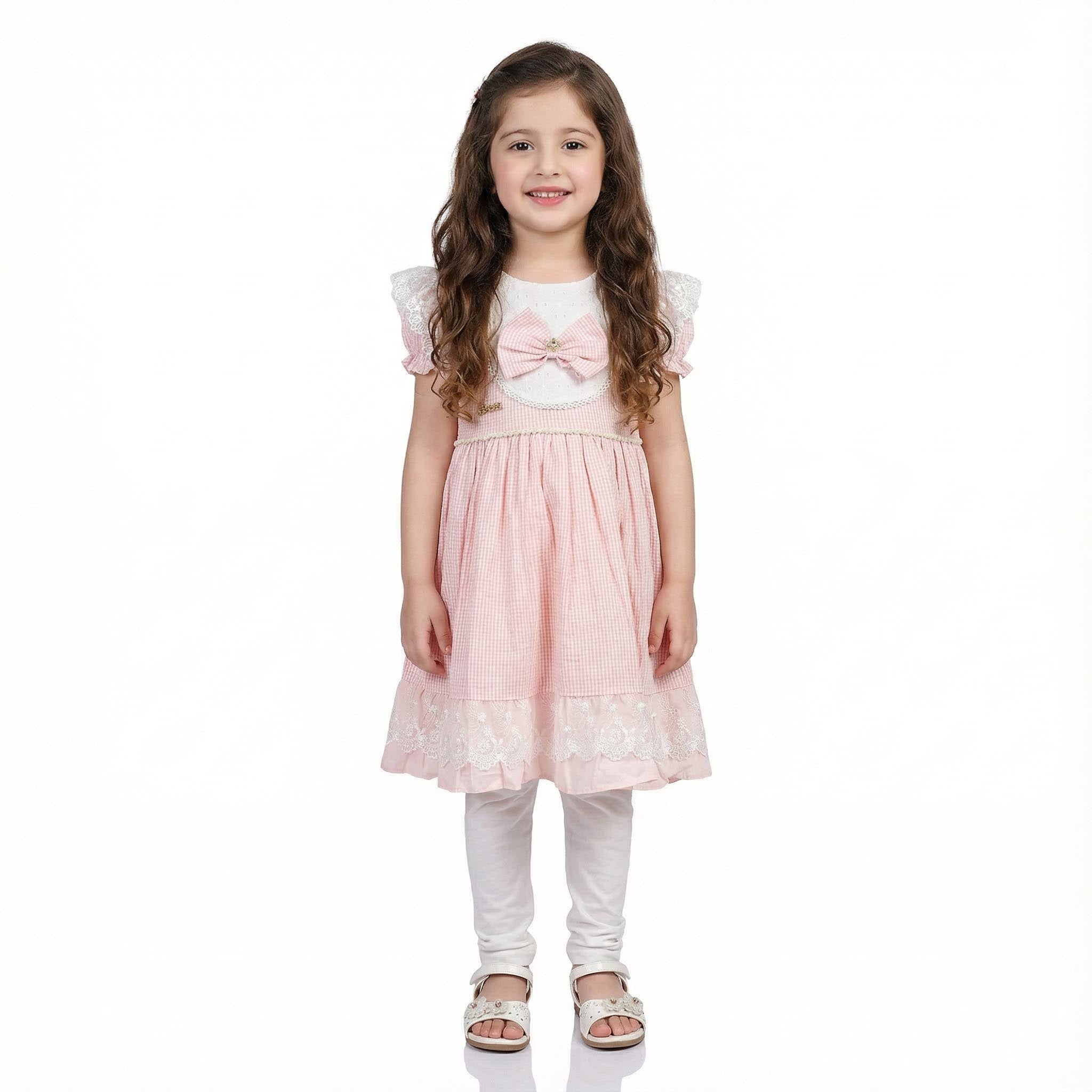 Cotton Frock for Girls with White Pajama & Bow Neck