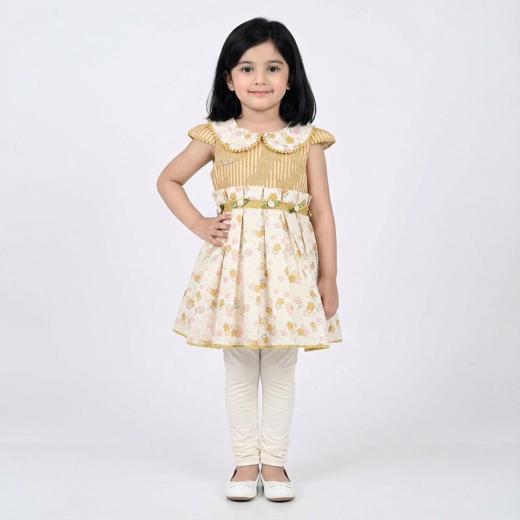 Cream & Light Pink Floral Frock for Girls with White Pajama