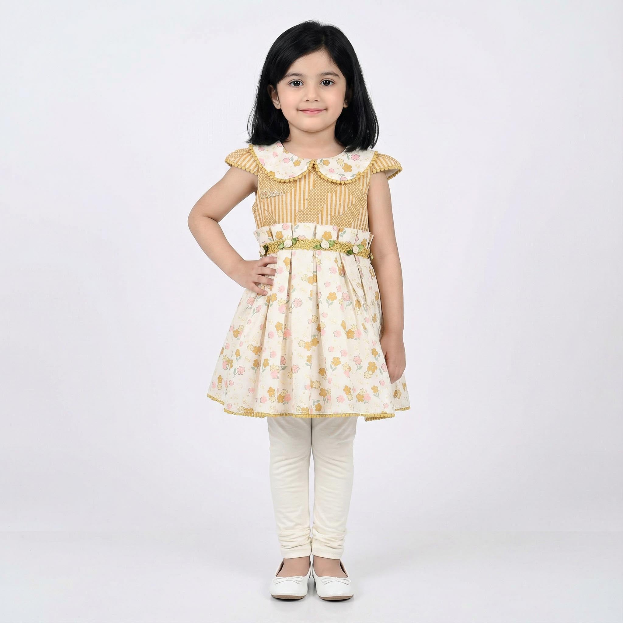 Cream & Light Pink Floral Frock for Girls with White Pajama