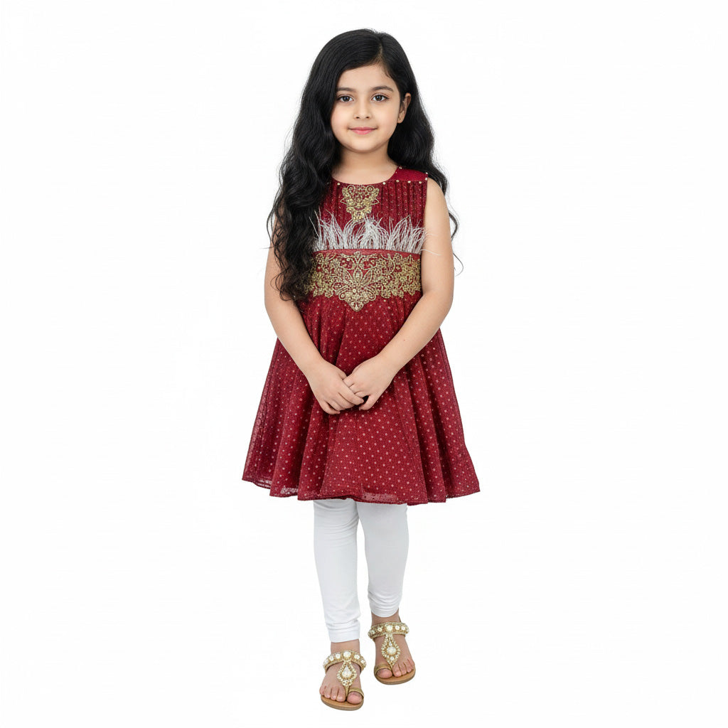Maroon  Net Frock for Girls with Golden Embroidery & Feather Design