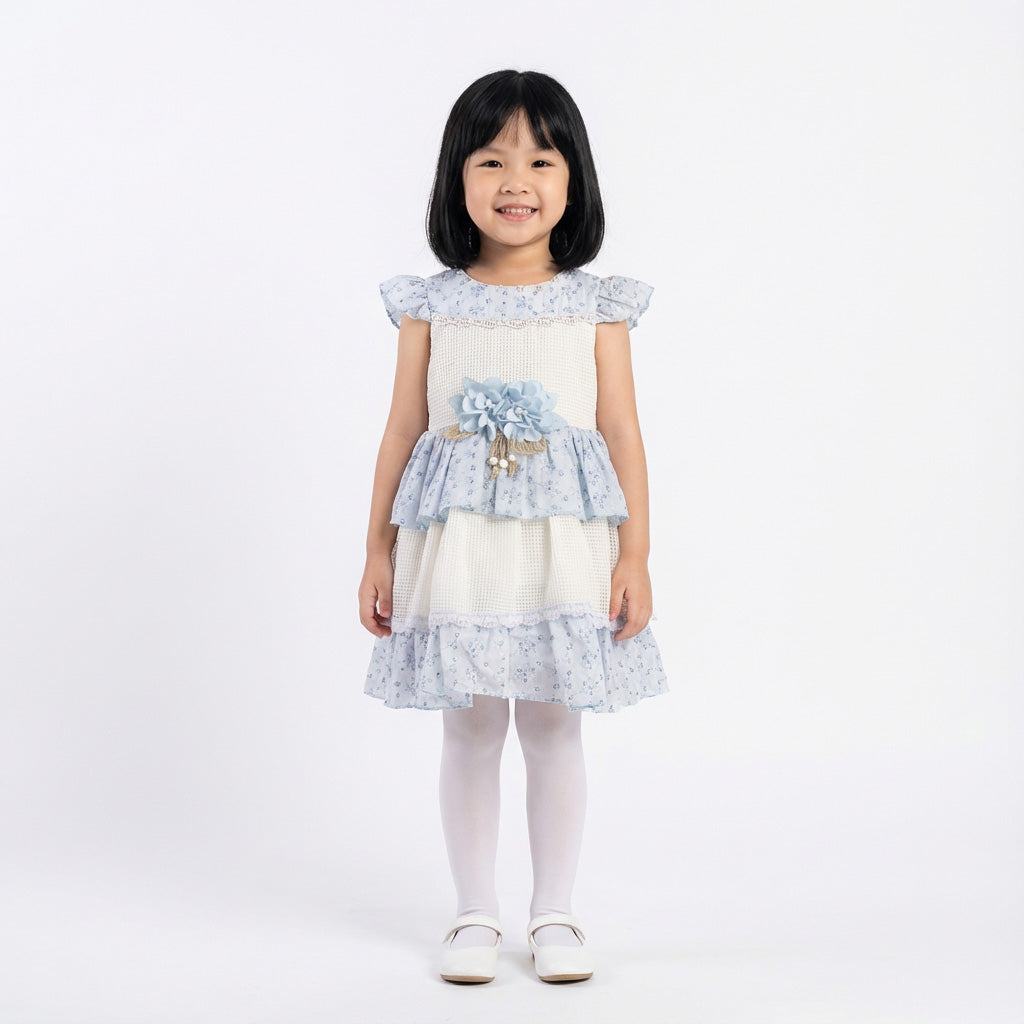 Girls Ferozi & White Cotton Frock with Layered Net and Floral Chest Design