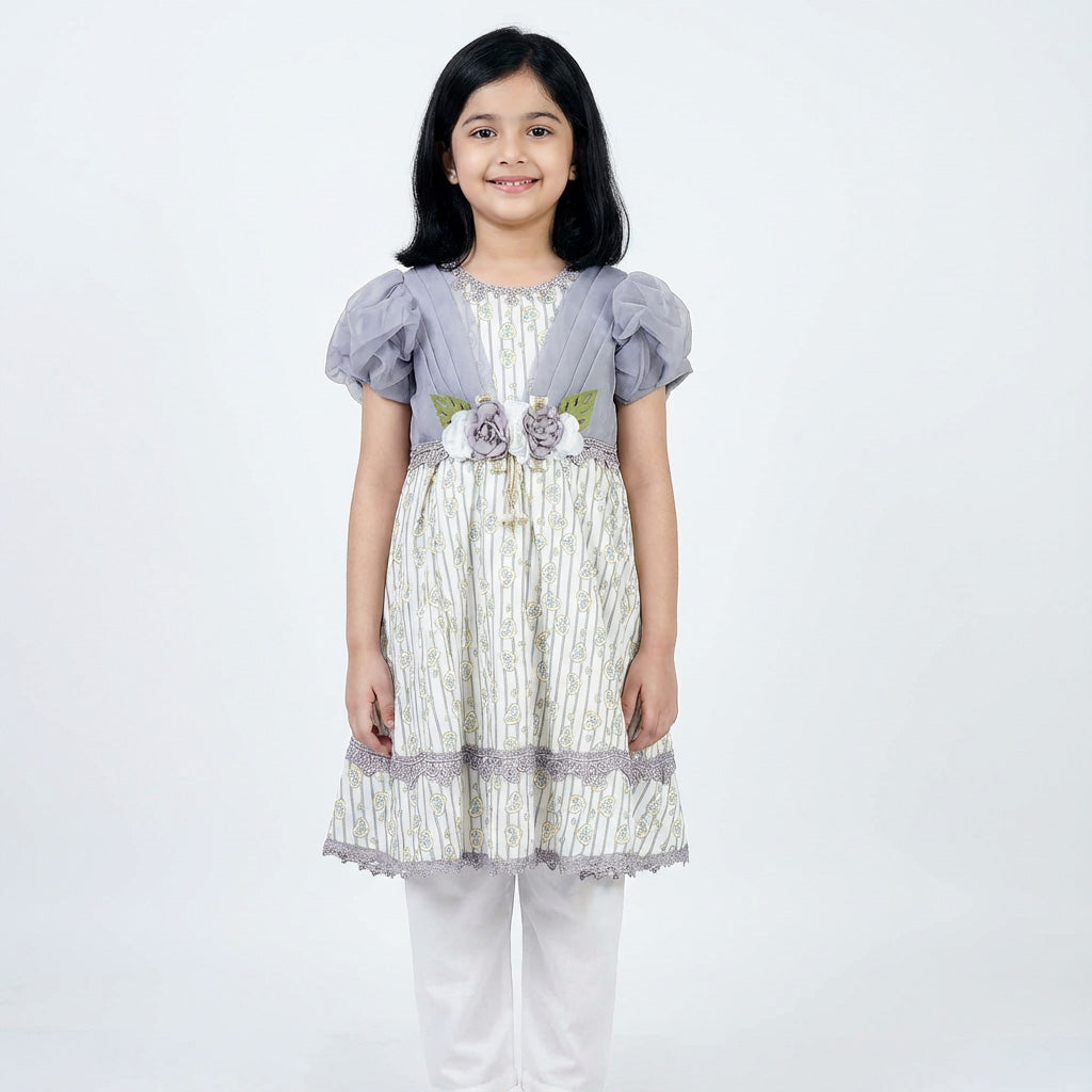 Girls White Cotton Frock with Yellow & Frost Blue Floral Design and Silver Net Shoulders