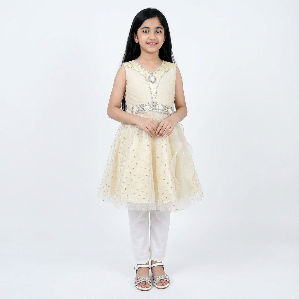 Girls Silk Frock in Pastel Cream with Soft Net Layers & Sequin Flowers