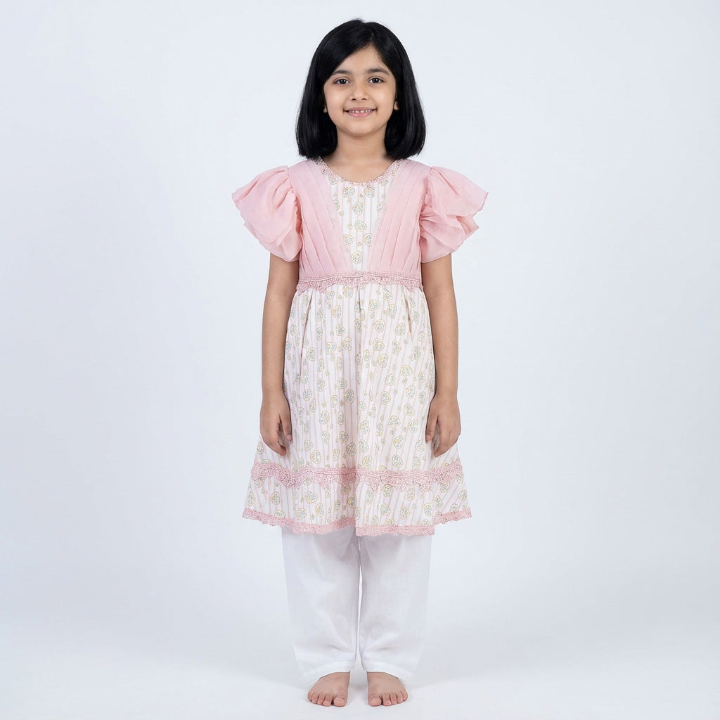 Elegant Pink & White Printed Frock for Girls