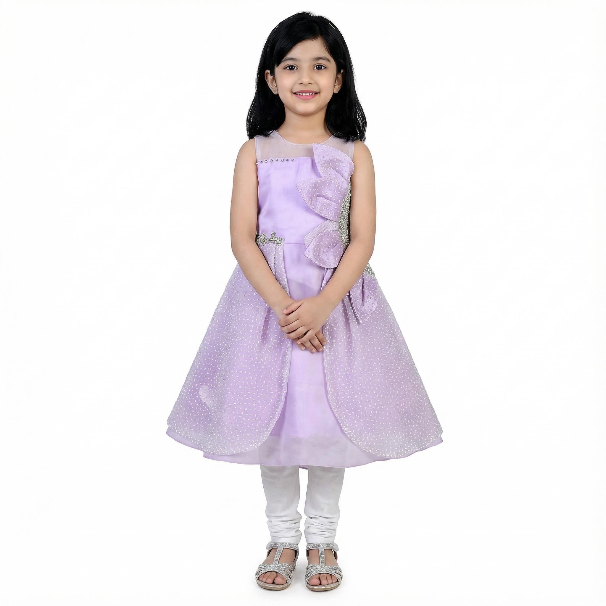 Girls Light Purple Silk Frock with Net & Stone Work
