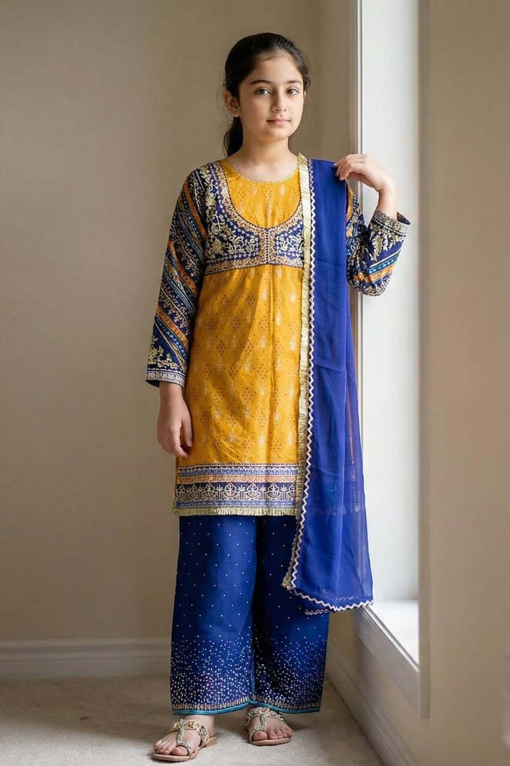 Elegant Mustard & Navy 3 Piece Ready to Wear Cotton Suit