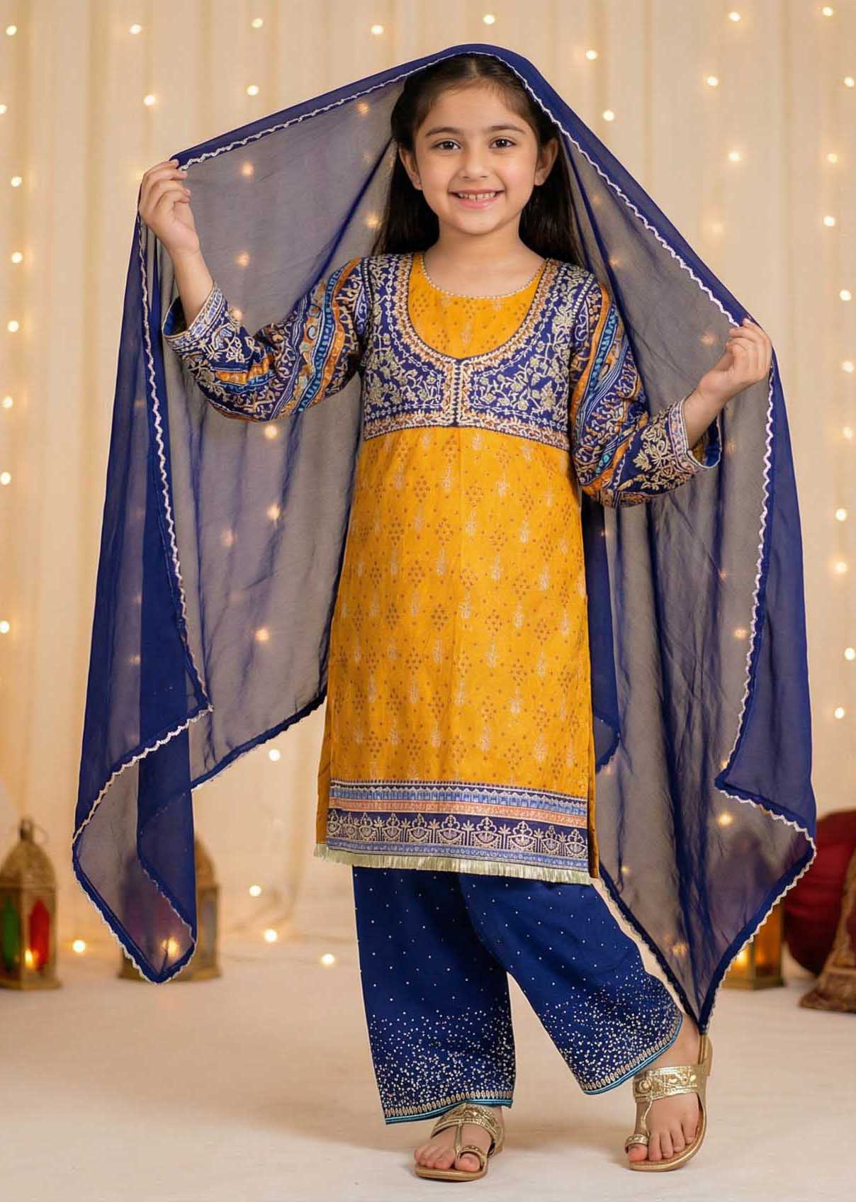 Girls Mustard & Navy Printed Ethnic Suit with Dupatta