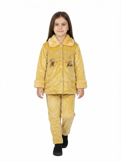 Girls Mustard Velvet Winter Suit | Soft & Warm 2-Piece Set