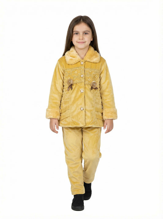 Girls Mustard Velvet Winter Suit | Soft & Warm 2-Piece Set