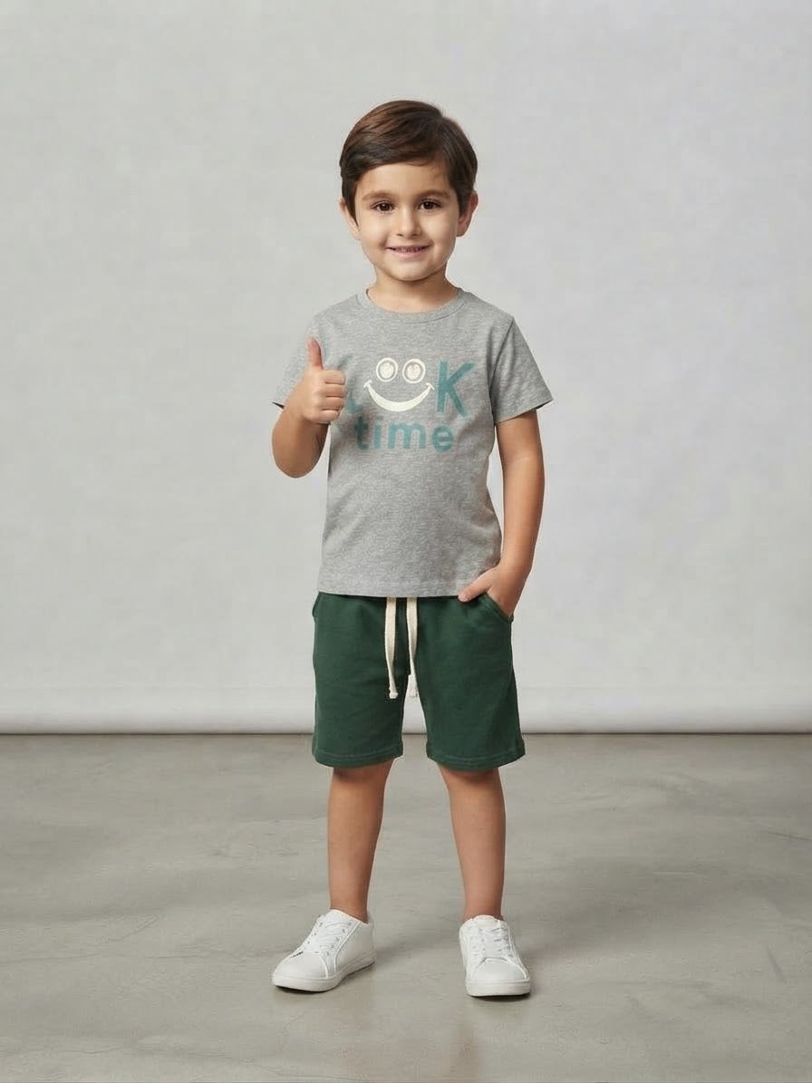 Boys Grey Graphic T-Shirt & Green Shorts Set – Summer Casual Outfit