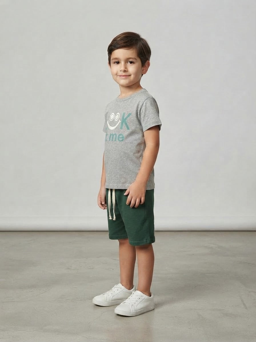 Boys Grey Graphic T-Shirt & Green Shorts Set – Summer Casual Outfit