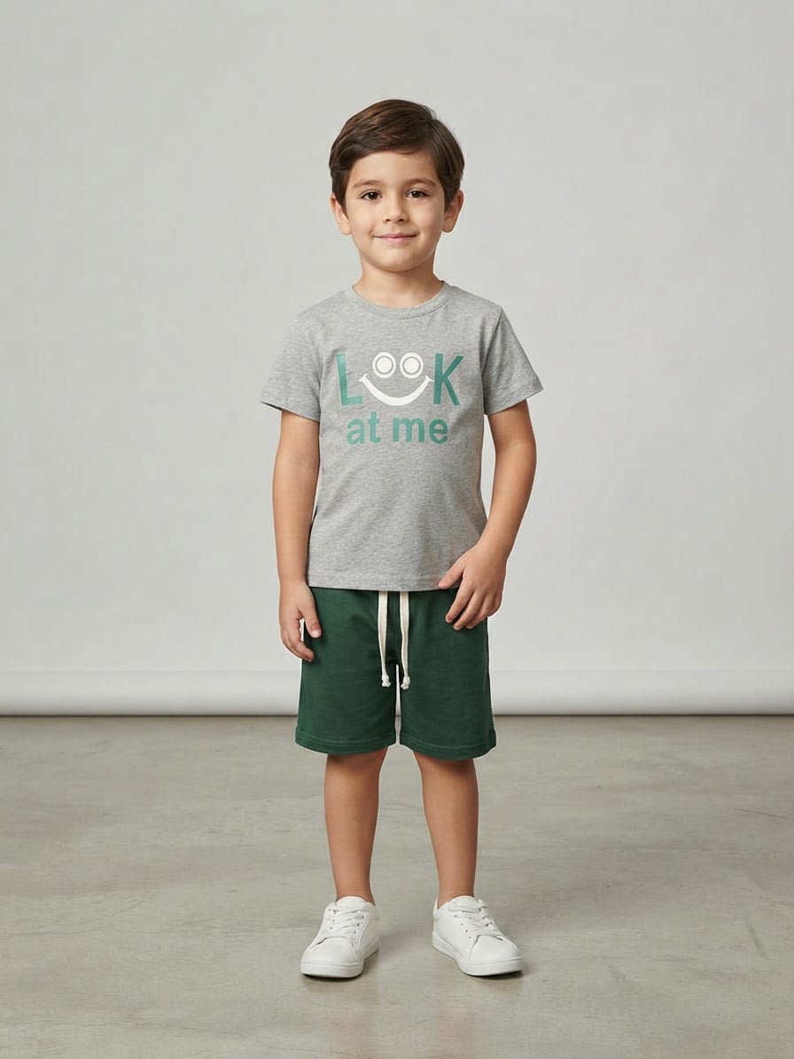 Boys Grey Graphic T-Shirt & Green Shorts Set – Summer Casual Outfit