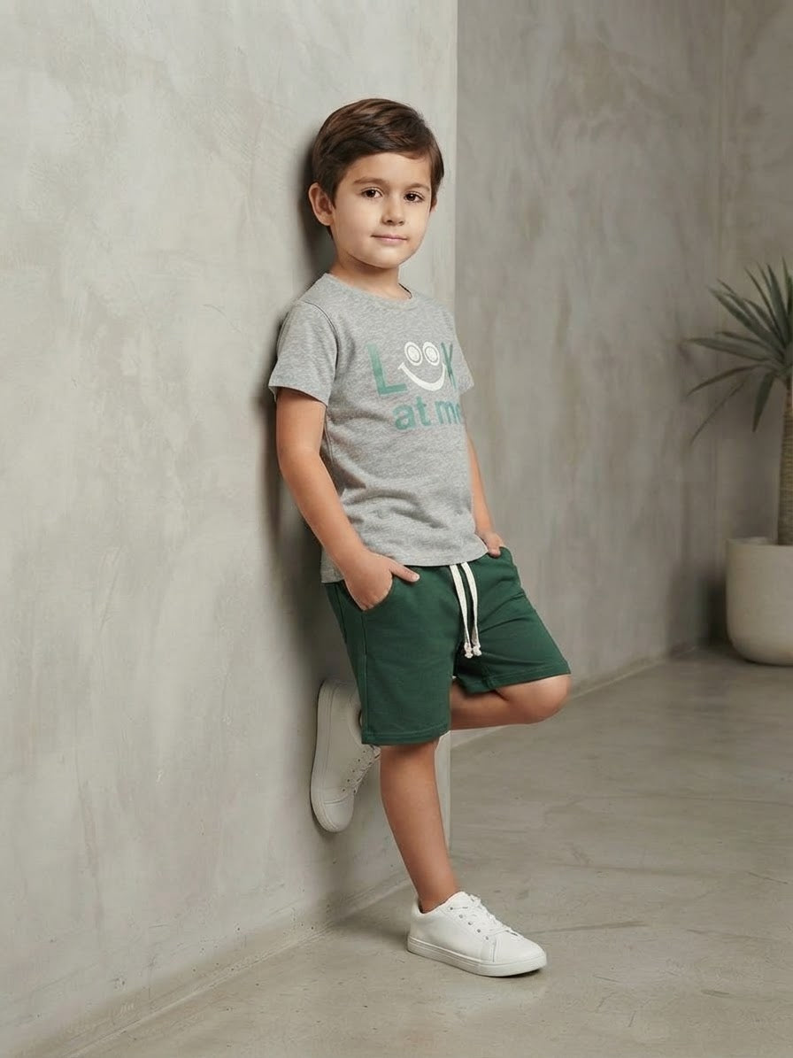 Boys Grey Graphic T-Shirt & Green Shorts Set – Summer Casual Outfit