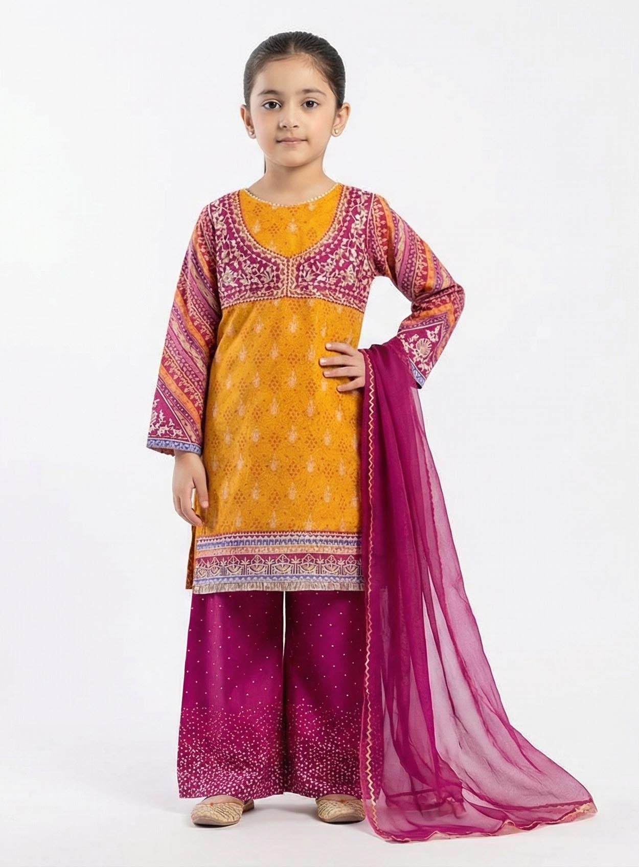 Girls Mustard & Soft Wine Magenta Printed Cotton  Ethnic Suit with Dupatta