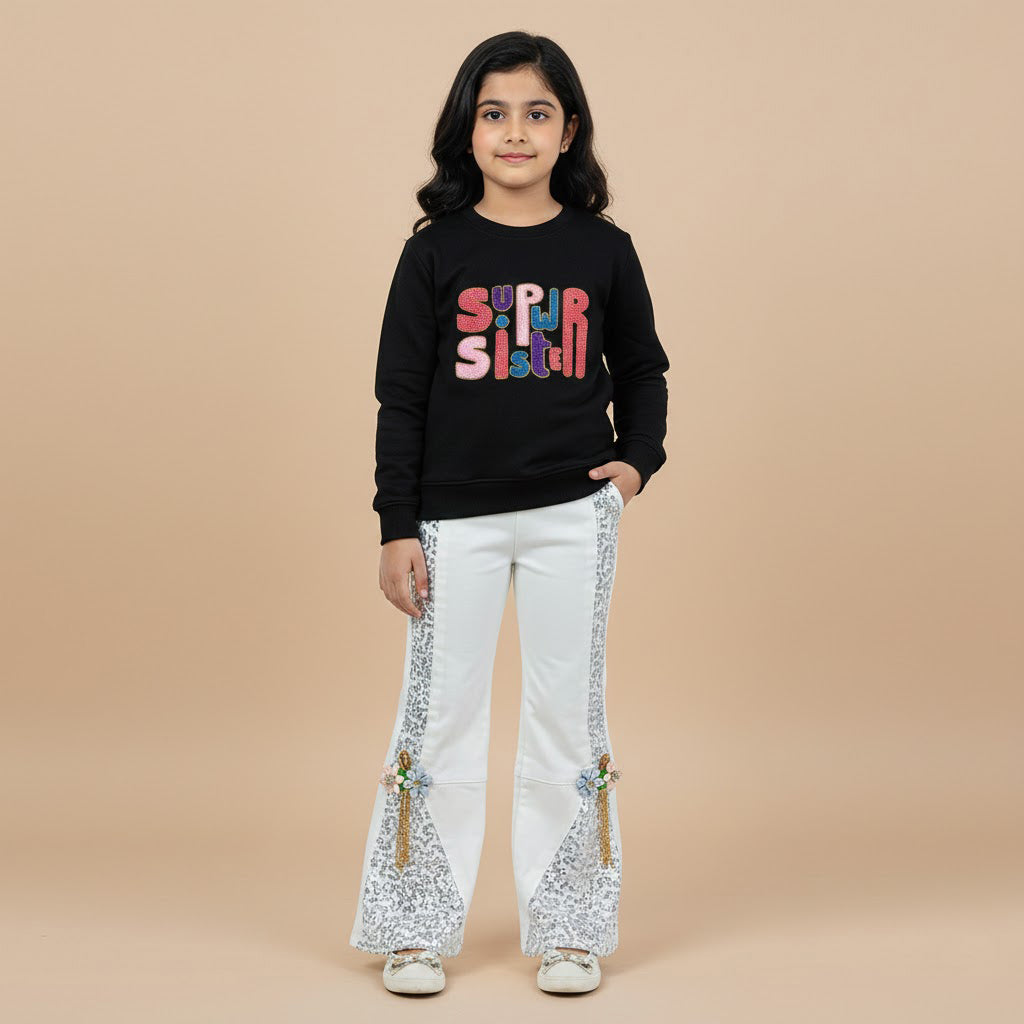 Black Baby Girls Sweatshirt with “Super Sister” Patch