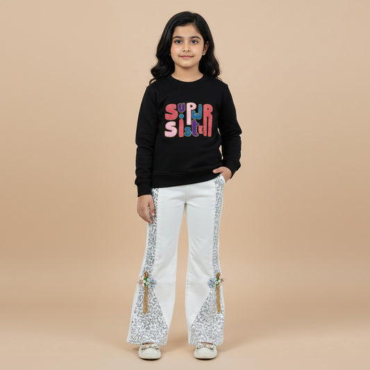Black Baby Girls Sweatshirt with “Super Sister” Patch