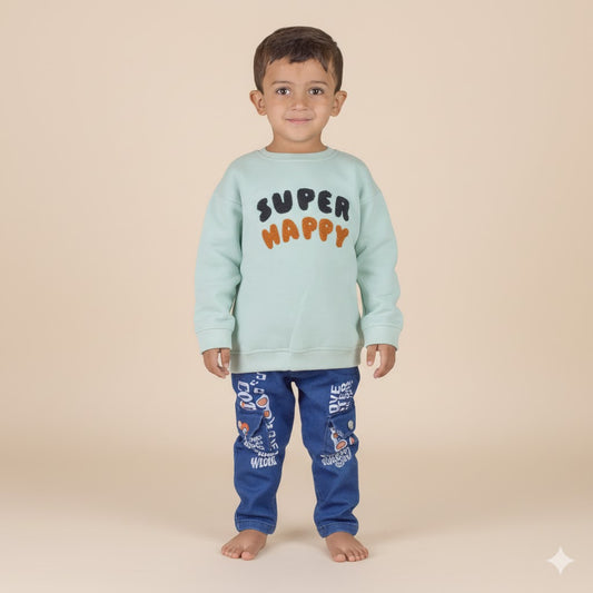 Kids “Super Happy” Unisex Sweatshirt – Soft PISTA Green