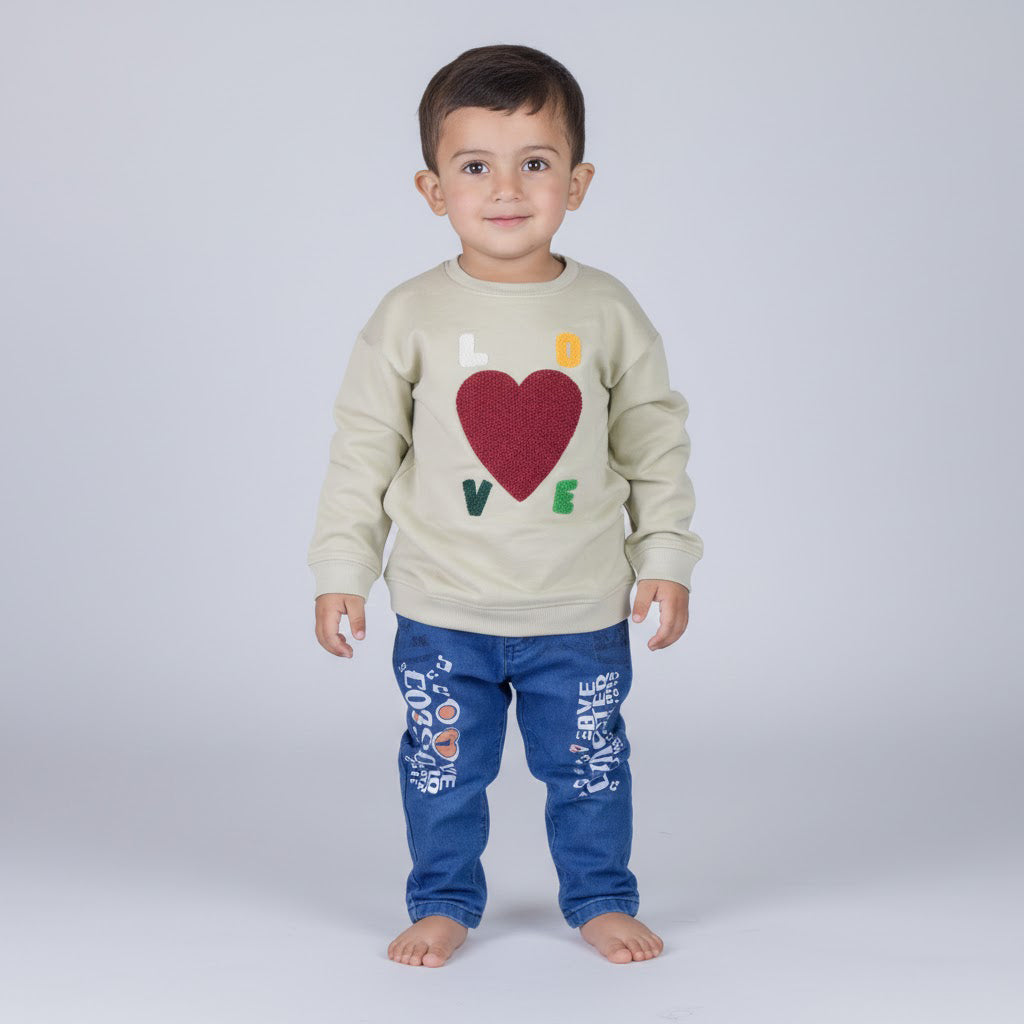 Toddlers  “LOVE” Sweatshirt – Beige with Heart Patch