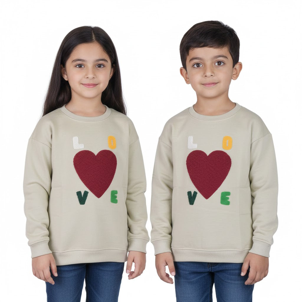 Kids “LOVE” Unisex Sweatshirt – Beige with Heart Patch