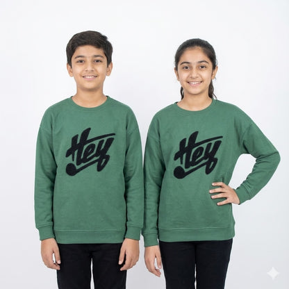 Kids Green “HEY” Sweatshirt – Unisex Winter Style