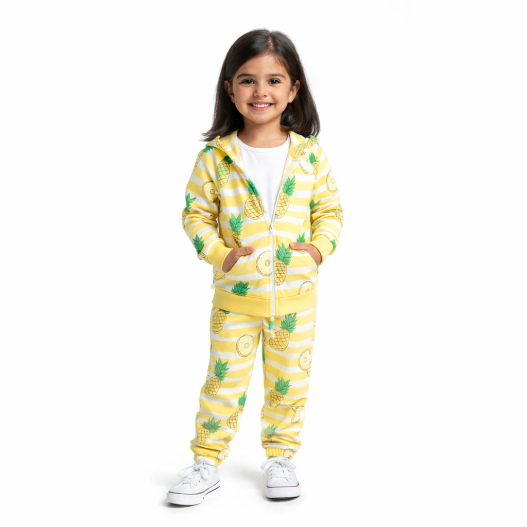 Girls Yellow Pineapple Printed Winter Co-ord Set